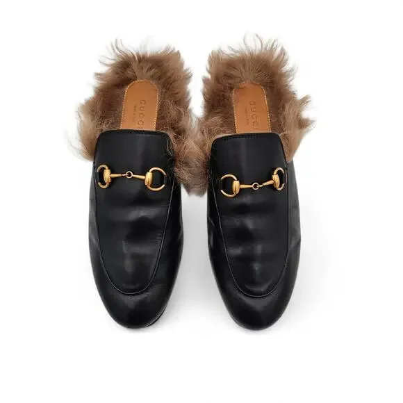 Gucci Princetown Horsebit Fur Lined Flat Mule Black Leather Size 37.5 US 7.5 - Picture 2 of 11